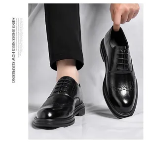 Men's black Brogue leather elevator shoes with wingtip detail for business and weddings