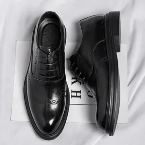 Elegant black leather Brogue elevator shoes for men, business formal style with 8cm height increase.