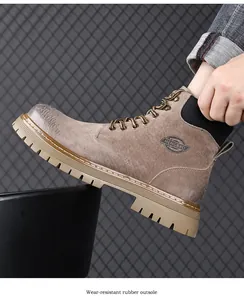 Close-up of durable wear-resistant rubber outsole on men's retro brown Martin boots