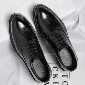 Men's Brogue Height Increasing Leather Shoes Breathable Business Formal Wedding Shoes 6cm 8cm Elevated Dress Shoes Black