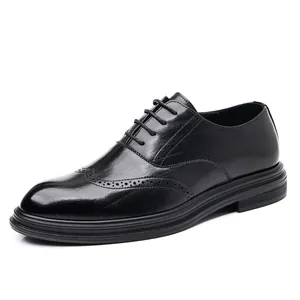 Classic black leather Brogue elevator dress shoes for men with wingtip detail for weddings