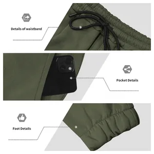 Detailansichten der olivgrünen Herren-Fleece-Cargohose mit Kordelzug und Tasche.