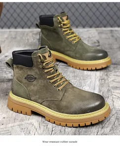 Detailed view of men's leather work boots featuring wear-resistant rubber outsole