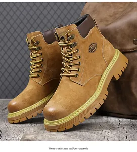 Close-up of camel leather work boots with wear-resistant rubber outsole