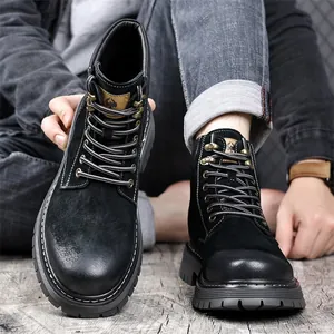 Professional men's black leather retro Martin boots featuring a durable non-slip lug sole