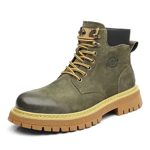 Retro olive green suede men's Martin boots with durable lug sole and striped laces