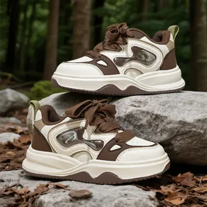 Zapatillas de Deporte Con Cordones Transpirables Para Niñas Patchwork de Moda Suela Gruesa Zapatos Deportivos Casuales Para Niños Beige Negro Marrón