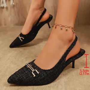 Elegant black tweed pointed-toe slingback heels with 5.5cm stiletto heel for women