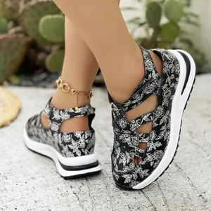 Stylish floral print wedge sandals for women with platform sole and Velcro straps