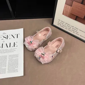Pink sequined girls' princess shoes featuring delicate bow and cherry accents