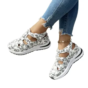 Floral print platform sandals with velcro straps for women, comfortable summer casual style