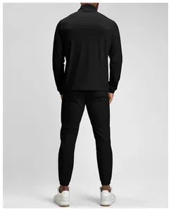 Back view of a premium black men's athletic tracksuit with zipper jacket and pants