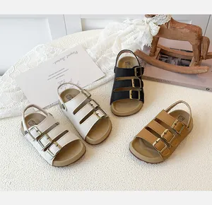 Variety of kids' breathable cork-sole sandals in white, beige, black, and brown colors.