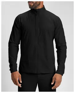 Detail view of the black recycled fabric quick-dry men's sports jacket with zipper.