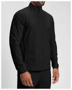 Detail view of a men's eco-friendly breathable quick-dry black sports jacket with stand-up collar