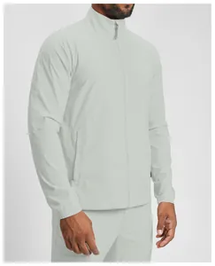 Close-up of eco-friendly quick-dry men's sports jacket with stand collar zipper