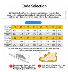 Detailed size chart for kids outdoor closed-toe sandals with measurement guide