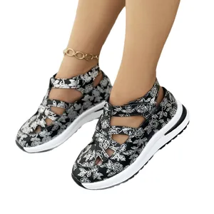 Stylish women's floral wedge sandals with thick platform sole and velcro strap closure