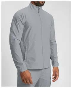 Detail view of a grey men's lightweight quick-dry fitness jacket with a stand collar.