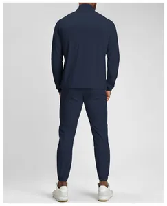 Back view of men's navy blue quick-drying breathable sports jacket and joggers set