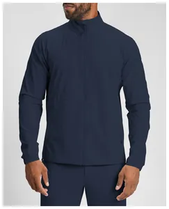 Front detail view of navy blue eco-friendly quick-dry zip-up sports jacket for men