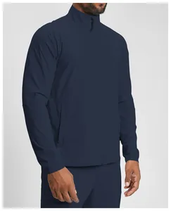 Close-up side view of navy blue men's zip-up athletic jacket with stand-up collar