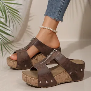 Women Wedge Sandals Peep Toe Platform Rivet PU Leather Casual Summer Large Size Bohemian Retro Cork Sole Mules Sandals
