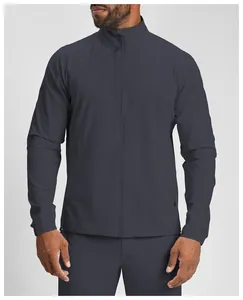Detail view of men's charcoal grey stand collar sport jacket with full-length zipper.