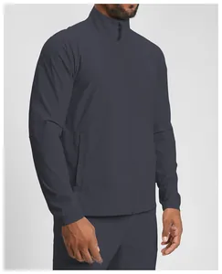 Side view detail of charcoal grey water-repellent athletic jacket for men with stand collar