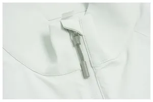 Close-up of men's lightweight sports jacket with stand-up collar and smooth zipper detail.