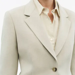 Close-up of high-end Japanese shell buttons on a professional beige blazer garment