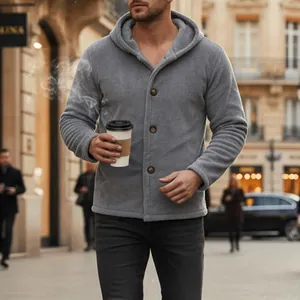 Men's casual grey coral fleece hooded jacket with buttons in an urban street setting
