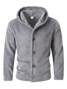 Detail of soft grey coral fleece hooded jacket for men with stylish button closure