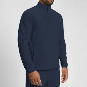 Navy blue sustainable men's athletic zip-up jacket with breathable stand collar