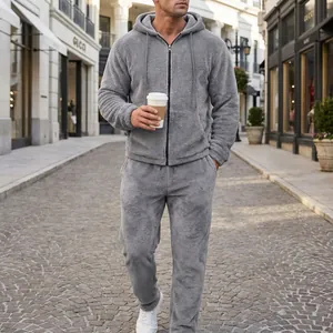 Detailed view of the soft fuzzy texture on the grey hooded tracksuit for men