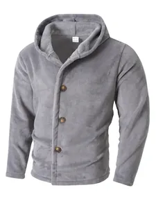 Grey men's coral fleece hooded jacket featuring warm plush fabric and four-button closure.