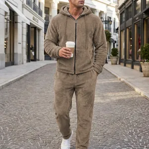 Cozy men's khaki fleece two-piece tracksuit featuring zip-up hoodie and matching pants