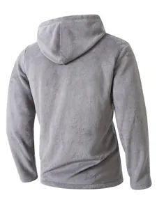 Back view of a grey men's coral fleece hooded jacket, featuring soft and warm texture