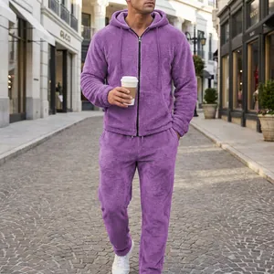 Detailed view of men's purple fuzzy fleece zip-up hoodie and matching joggers set