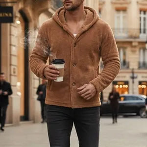 Detail view of men's warm brown coral fleece hooded jacket featuring a stylish four-button closure