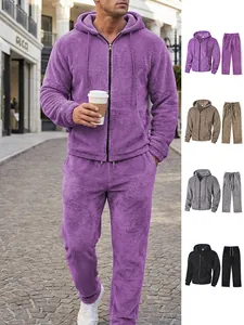 Men Casual Fleece Lined Hoodie and Pants Set Thick Solid Color Zip Up Tracksuit Two Piece Sweatsuit For Winter Outdoor