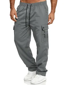 Detailed view of men's grey loose-fit cargo pants with an elastic drawstring waist