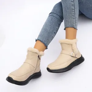 Bottes de Neige d'Hiver pour Femmes Bordure en Fourrure Synthétique Chaudes Bottines en Cuir PU Avec Fermeture Éclair Latérale Boucle Métal Semelle Épaisse Grandes Tailles