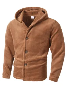 Detail view of brown men's coral fleece hooded jacket featuring warm soft texture