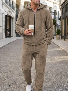 Premium men's solid color fuzzy teddy fleece tracksuit set with zip-up hoodie and pants