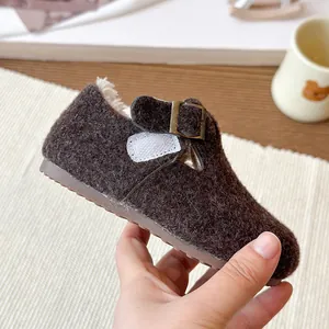 Cozy retro children's Birken-style fuzzy shoes with warm plush lining and Velcro strap