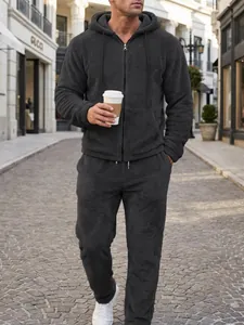 Premium men's dark grey fuzzy fleece hooded tracksuit set featuring a zip-up hoodie and pants
