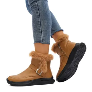 Bottes de neige marron pour femmes avec bordure en fausse fourrure et fermeture éclair