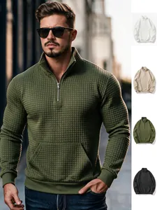 Herren Casual Polyester Waffelstrick Sweatshirt Stehkragen Halber Reißverschluss Top Einfarbig Langarm Pullover Mit Tasche