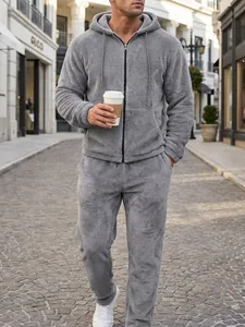 Men's grey fleece zip-up hoodie and matching jogger pants set for autumn winter.